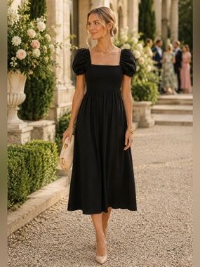 Tuckernuck | Puff Sleeve Black Onyx Smocked Baxter Midi Dress - Size XL